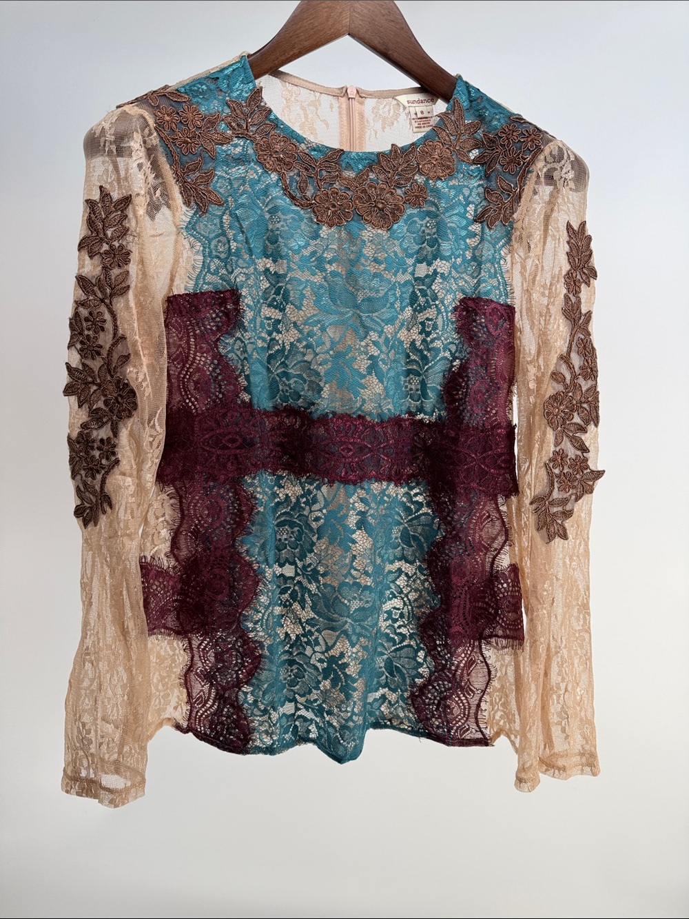 Sundance Teal, Burgundy & Cream Lace Patchwork Top